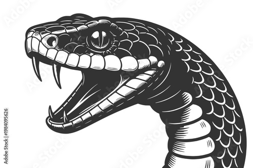 snake head with open mouth, visible fangs, and textured scales in dramatic detail sketch engraving generative ai fictional character vector illustration. Scratch board imitation. Black and white image