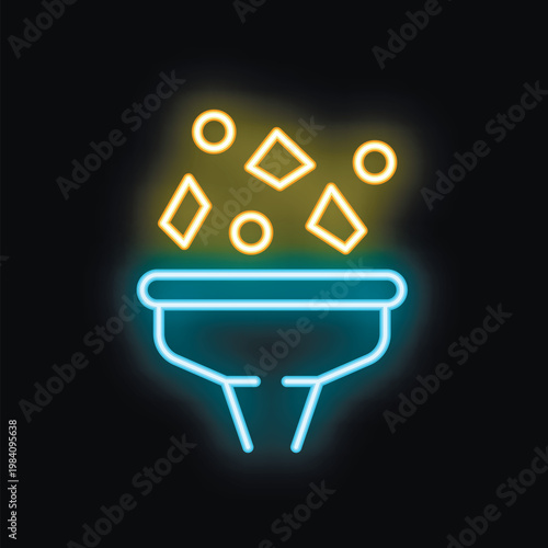 Neon sign representing filtering data sorting information through funnel on black background