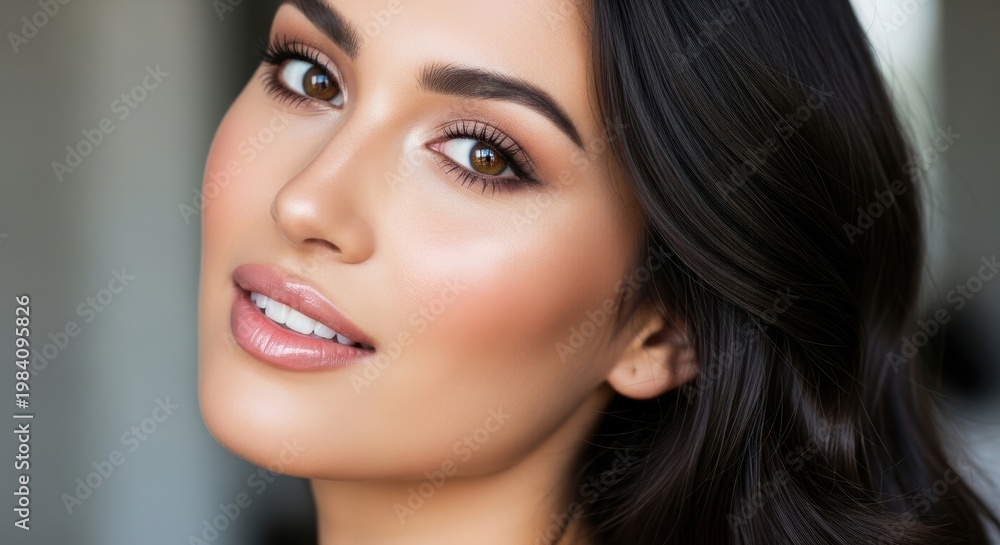 Fototapeta premium Closeup portrait of a woman with long dark hair and brown eyes looking up