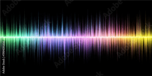 A vibrant digital rainbow wave vector design featuring colorful glowing gradient lines and a bright music equalizer spectrum pattern set against a dark black technological backdrop