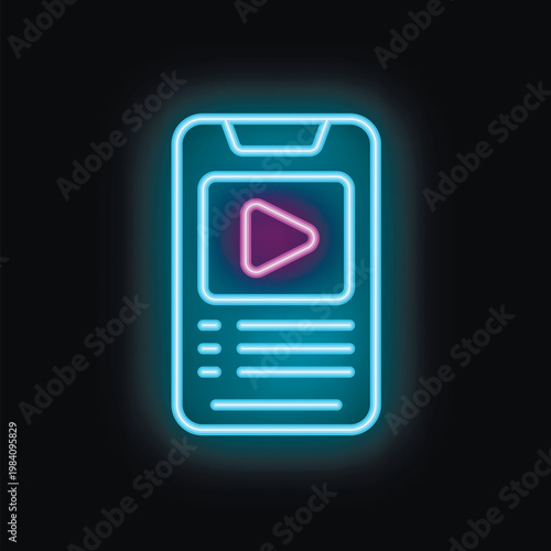 Blue neon sign of a smartphone playing a video on a streaming app