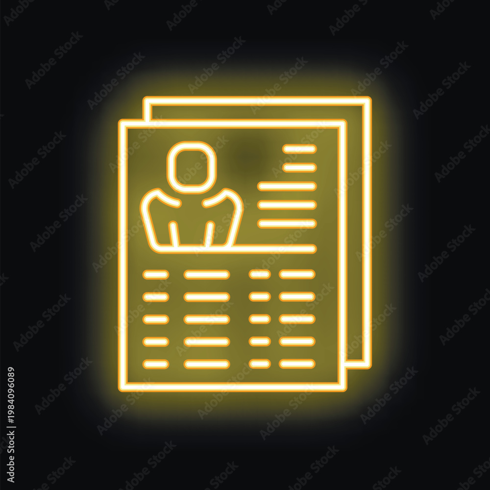 Fototapeta premium Glowing neon icon of curriculum vitae with businessman character representing job search, career development, and employment opportunities