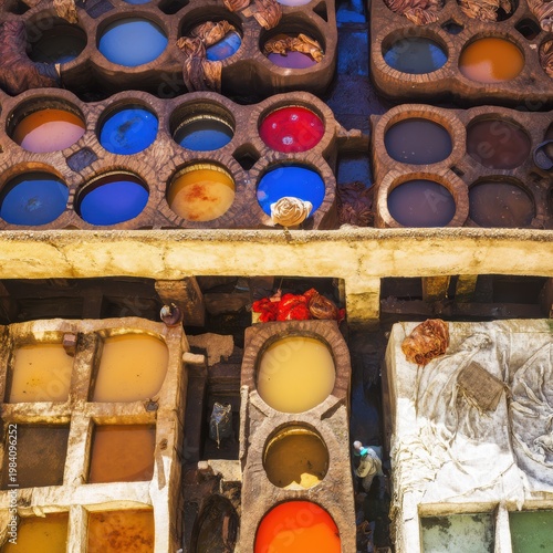 Traditional leather tannery in Fez, Morocco, colorful dye vats viewed from above, authentic texture and labor