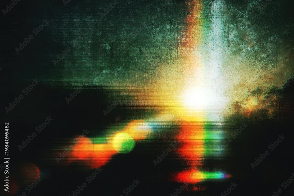 Fototapeta premium A vibrant, abstract image features a bright, central light source surrounded by blurred colors and a textured, grainy surface, creating a sense of dynamic energy and visual complexity.