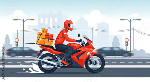 Fast food delivery by motorcycle on a busy city street with traffic and buildings in the background