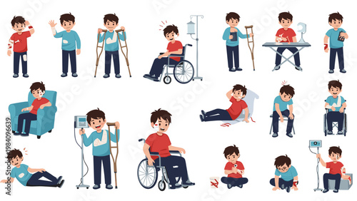 Set of illustrations showing children with various injuries like broken arms, legs, and bruises needing medical attention.