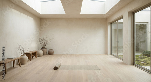 A serene and minimalist yoga studio with natural light streaming from skylights and large windows, featuring a rolled yoga mat on the light wood floor, decorative vases, and simple wooden benches.