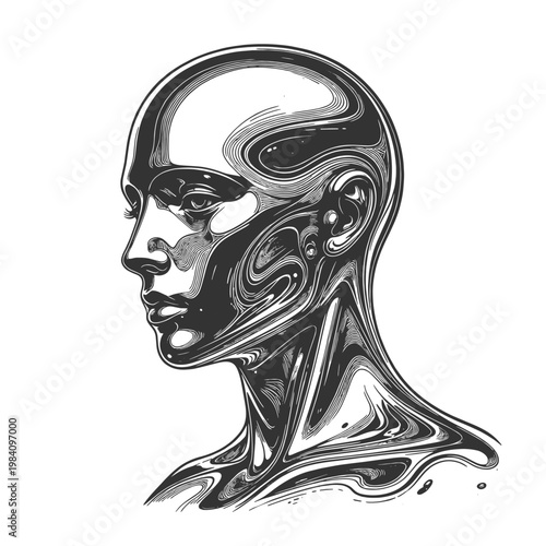 futuristic metallic human head in profile, blending anatomy with robotic design and smooth reflective surfaces sketch engraving generative ai vector illustration. Scratch board. Black and white image.