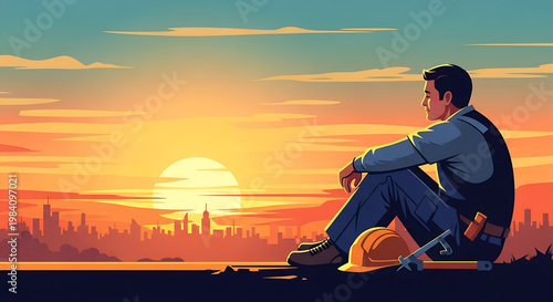 A construction worker gazes at the city skyline at sunset, contemplating his day's labor and future aspirations