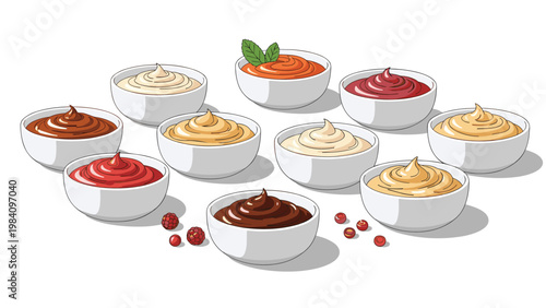 Collection of assorted sauce and dip bowls including ketchup, mustard, mayonnaise, and chocolate sauce isolated on white background.