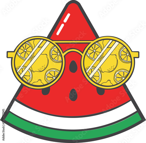 Stylized watermelon slice with sunglasses reflecting lemon pattern
