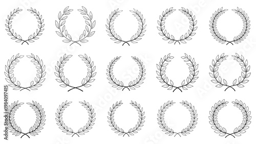 Set of various laurel, olive, and wheat wreaths symbolizing victory, peace, and achievement in black line art.