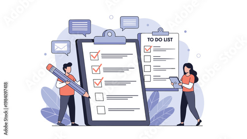 Man and woman managing tasks with giant clipboards, to-do lists, and checkmarks representing productivity and successful project management.