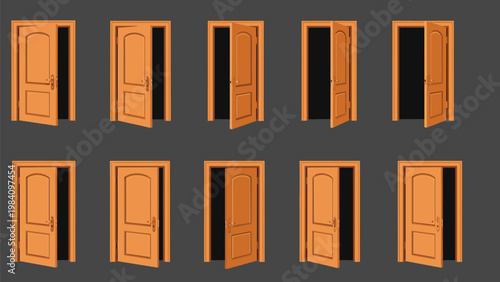 Animation sequence of a classic wooden door opening gradually from a closed state to fully open against a dark gray background.