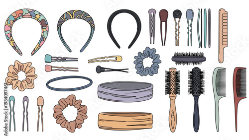 Diverse collection of hair styling accessories including headbands, scrunchies, clips, bobby pins, and various hairbrushes and combs.