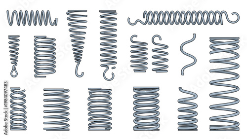 Comprehensive set of metal coil springs and tension components in different sizes, shapes, and extensions for mechanical and industrial use.