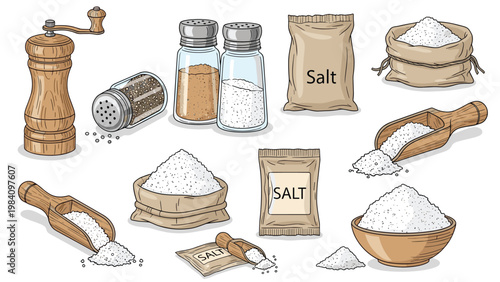 Assortment of salt and pepper shakers, grinders, bags, and wooden scoops filled with seasoning for culinary and kitchen use.