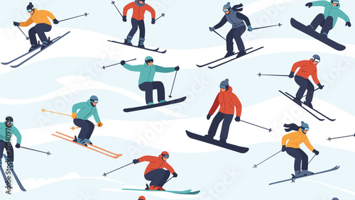 Group of active people in colorful winter gear skiing and snowboarding down a snowy mountain slope.