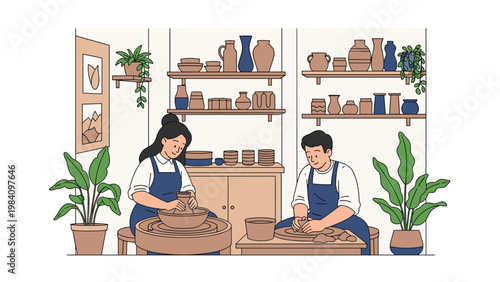 Man and woman artists working at a pottery wheel and crafting ceramic vessels in a well-stocked workshop.