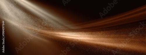 A dynamic abstract composition features flowing golden light streaks against a dark brown backdrop, creating a sense of movement and ethereal beauty.