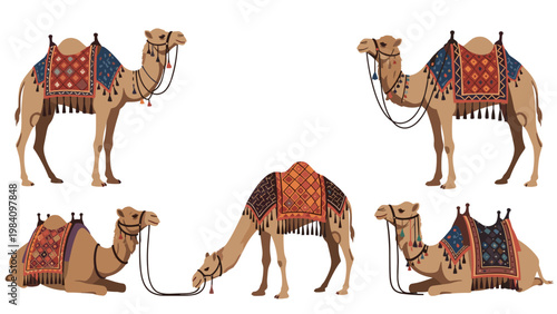 Different poses of camels decorated with traditional colorful oriental saddles and harnesses isolated on a plain white background.
