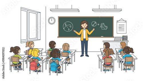 School teacher explaining a lesson to a group of young primary students sitting at their desks in a classroom with a chalkboard.