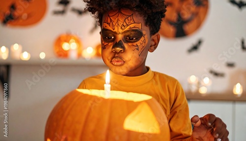 A child blows out a candle inside a carved Halloween pumpkin