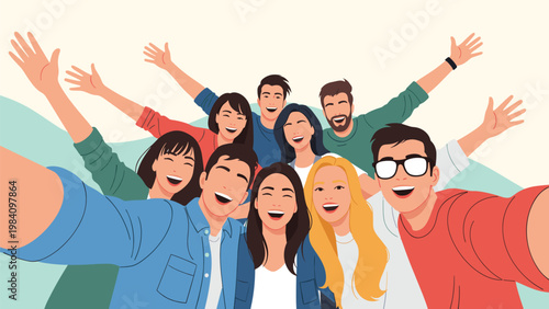 Large group of diverse happy young people taking a group selfie together with smiles and raised hands in a flat vector style.