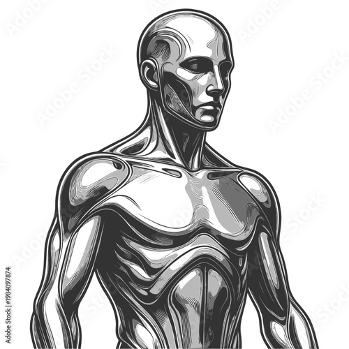 stylized metallic human figure highlighting muscle structure and anatomy, blending futuristic design with human body form sketch engraving generative ai vector illustration. Black and white image.