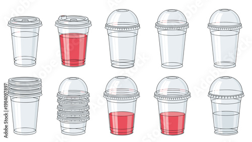 Set of clear plastic disposable cups with different lids and varying levels of red liquid isolated on a white background.