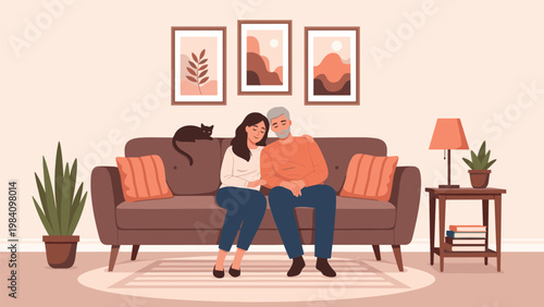 Peaceful scene of a senior man and woman sitting together and relaxing on a sofa with a cat in a cozy and modern living room.