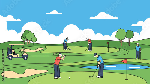Group of men playing golf on a wide green course with rolling hills, a pond, flags, and a golf cart under a white cloudy sky.
