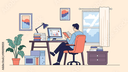 Business professional sitting at his home office desk while working on a computer and reading a book for research or learning.