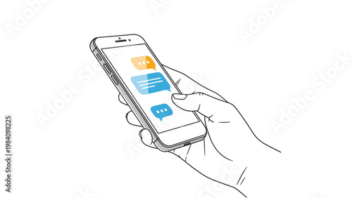 Human hand holding a modern smartphone displaying a social media chat with colorful speech bubbles on a white background.