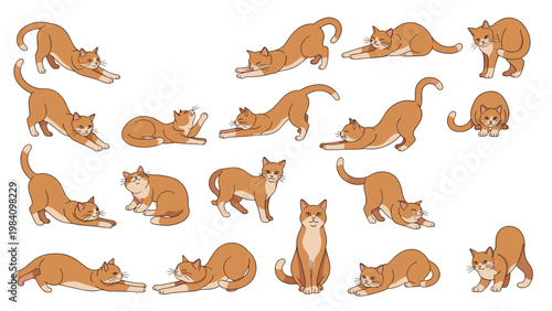 Orange tabby cats depicted in various charming poses including stretching, sitting, and playing in this detailed illustration set.