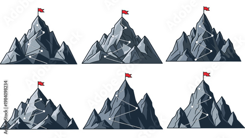 Collection of mountain peaks with winding paths leading to red flags at the summit representing success and goal achievement.