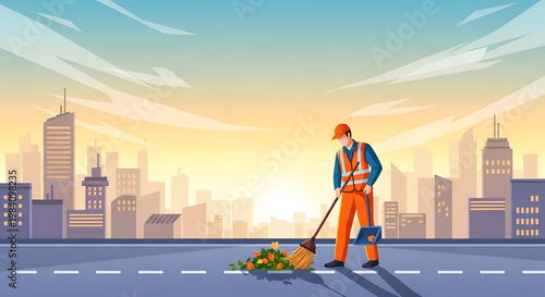 Sanitation worker cleaning city streets with a broom during sunrise