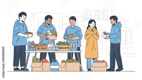 Diverse group of volunteers working at a food bank handing out boxes of fresh vegetables and bottled water to the community.