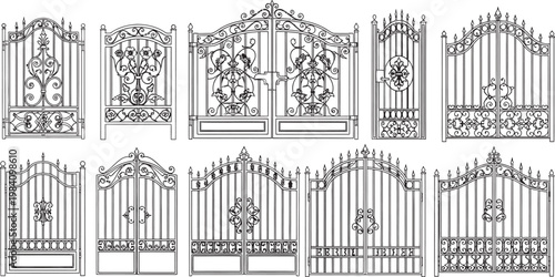 Intricate architectural drawings of ornate gates and decorative ironwork designs in black and white