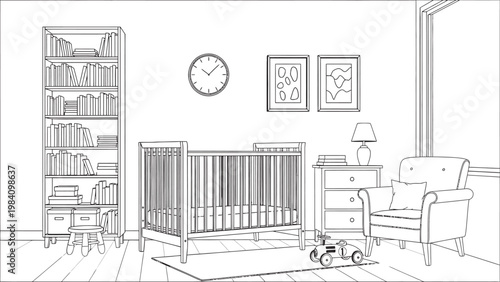 Hand drawn interior sketch of a study with bookshelves desk and piano
