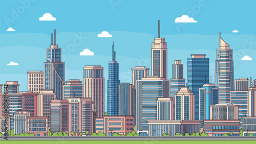 Vibrant city skyline illustration featuring various modern skyscrapers and buildings under a clear blue sky with fluffy white clouds.