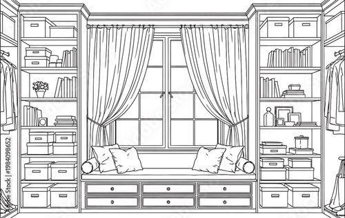 Detailed sketch of a built in entertainment center with shelving drawers and a central television space