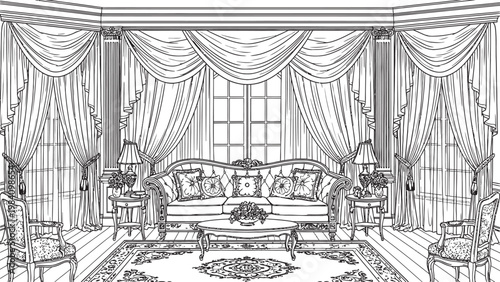 Intricate black and white line drawing of a lavishly decorated victorian era interior with ornate details