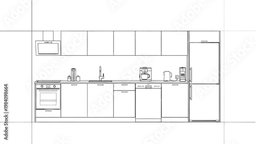 Minimalist kitchen layout sketch a top down view of appliances and cabinetry