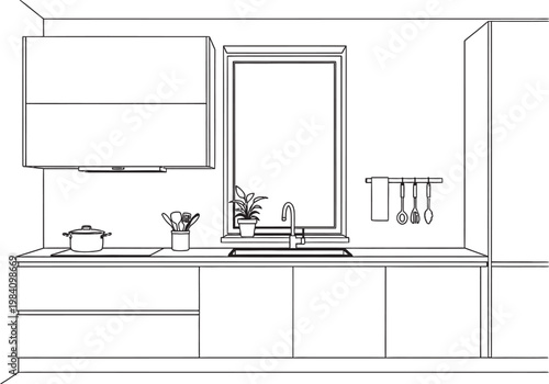 Black and white sketch of a modern kitchen interior with minimalist cabinetry and appliances