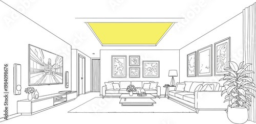 Architectural sketch of a bright living room with a central skylight