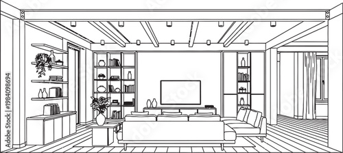 Elegant interior design sketch a luxurious living room with bookshelves and modern furniture