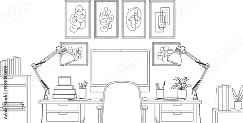 Sketch of a home office setup with desk chair and wall art