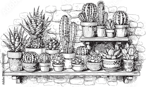A vintage style botanical illustration of a densely packed collection of potted cacti and succulents on shelves