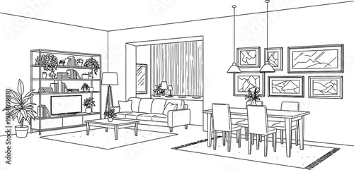 Elegant interior sketch a dining and living room combination with artistic details